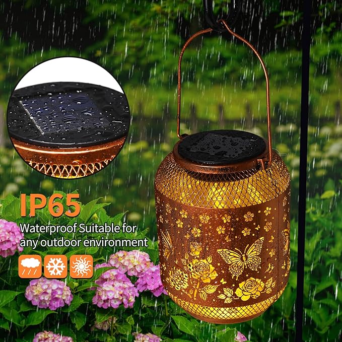 2 Pack Butterfly Solar Lanterns Outdoor Waterproof Rose Garden Decor Gifts for Women Mom Grandma Hanging Solar Lights Metal Lantern Decoration Outside for Yard, Patio, Backyard, Porch