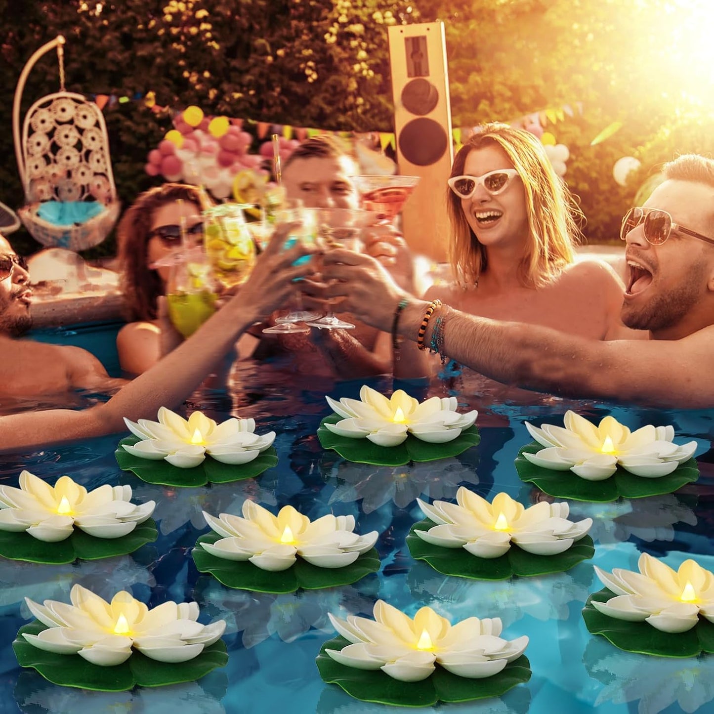 12 PCS Waterproof Floating Lotus Light - 6'' Floating Flower Light Battery Operated Water Activated Warm White Pool Flower Lamp Wedding Anniversary Garden Decoration(6 Inch, White)