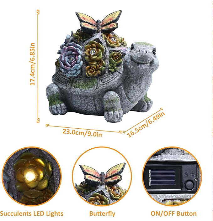 Garden Turtle Statue, Solar Outdoor Decor Tortoise with Succulent, Waterproof Animal Ornaments for Patio Clearance Balcony Court, Great Easter Gift Birthday for Mom Women