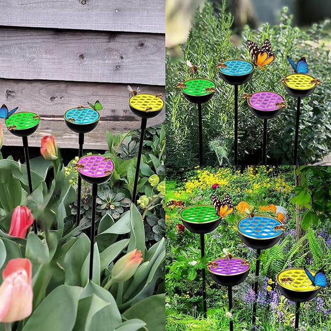 4 Pack Bee Cups for Garden with Bee Island, Bee Waterer and Butterfly Water Stations, Bee Water Catcher Cups for Thirsty Pollinators, Bee Bath, Colorful Metal Garden Sculpture Stakes Decor