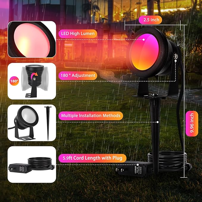 4 Pack Spotlight Outdoor Floodlight Fixture with Stake & Wall Mount Base, APP Control, 15W RGBW Landscape Lighting Dimmable Color Changing IP67 Waterproof for House Garden Yard Tree Decor