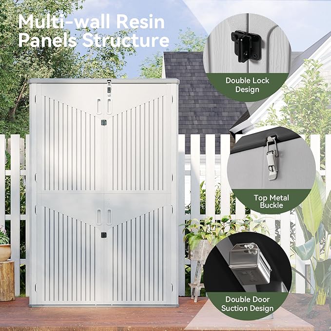 Aoxun White Resin Outdoor Storage Shed with 2 Shelves & Floor, 64 Cu.Ft Vertical Waterproof Cabinet for Garage, Pool, Bike, Garden Tools, Patio Furniture