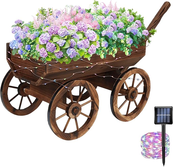 Garden Wooden Decor Rustic Flower Pot,Planters Wagon Indoor Outdoor Backyard Balcony Decor,for Outside Garden Decor Wheelbarrow Planter for Patio (Wooden Wagon with Light)