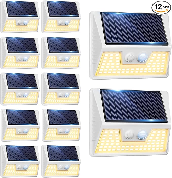 12 Pack Solar Lights Outdoor Motion Sensor, Waterproof Fence Lights with 3 Lighting Mode, Warm White LED Deck Lights for Outside Wall Yard Steps Stairs Garden - White