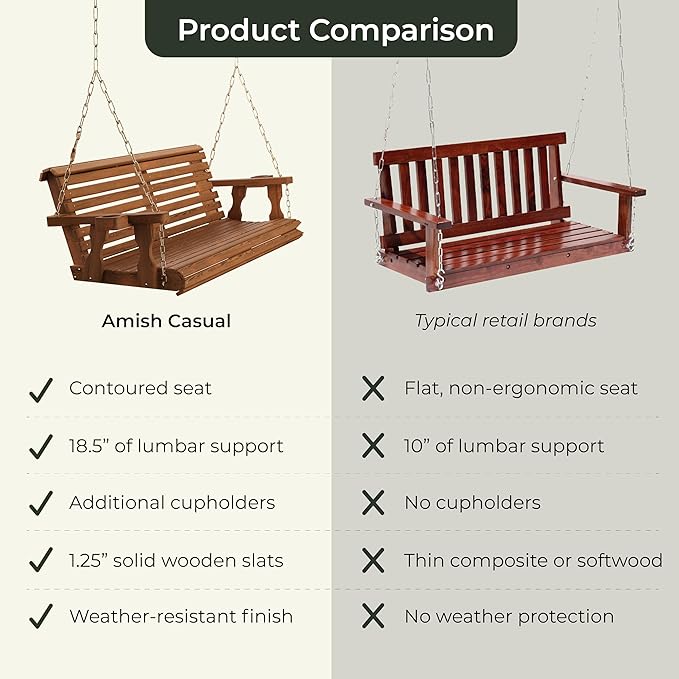 Amish Casual 6 Foot Roll Back Porch Swing with Cup Holders in Cedar Stain - Amish Made in The USA from Treated Pine Heavy Duty 700 Lb. Weight Capacity