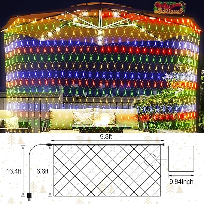 2 Pack Total 400 LED Christmas Net Lights Outdoor 6M*4M Mesh Lights Fairy String Lights Plug in with Timer 8 Modes Waterproof for Outside Bush Window Wall Patio Fence Tree Decorations-Multicolored