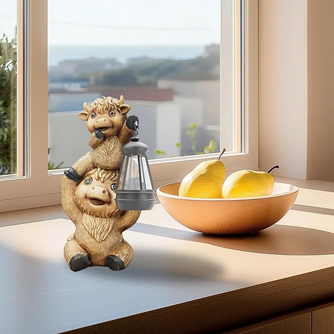 Highland Cow Statues with Solar Lights, Highland Cow Resin Figurine Lights, Highland Cow Ornaments for Patio, Balcony, Indoor Decoration and as Gifts