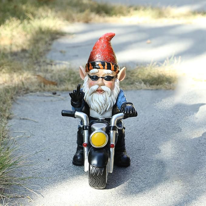 Garden Gnome Riding Motorcycle Funny Outdoor Gnome Decoration Indoor Outdoor Lawn Figurines for Home Yard Décor, Small