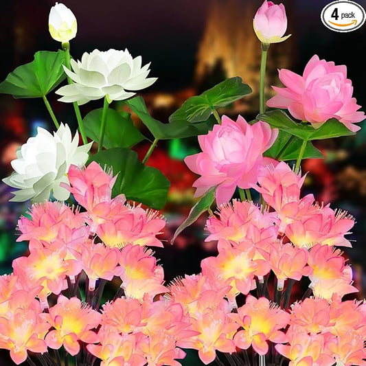 4pack Solar Flower Lights Outdoor Waterproof IP65,Solar Lotus &Peachblossom Garden Decorative Lights Led Flowers Decor Auto On/Off Bright Up to 12Hrs
