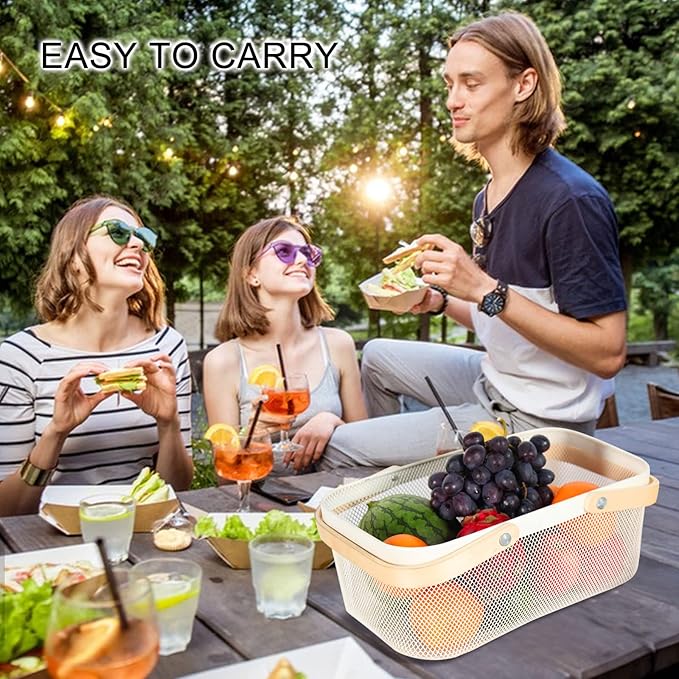 Garden Harvest Basket,Delicate Harvest Basket for Garden Vegetables,Practical Metal Mesh Wire Basket with Handle Suitable for Bathroom,Cabinet,Kitchen(White)