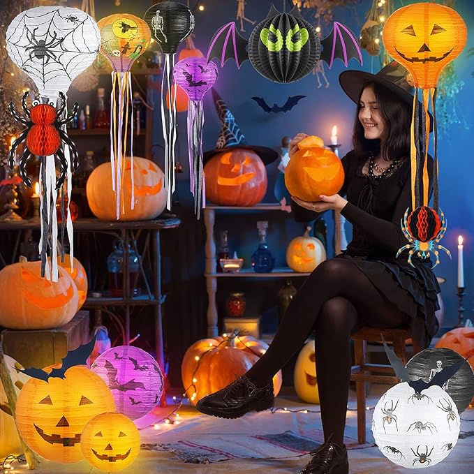 48 Pieces Halloween Decorations Paper Lanterns Pumpkin Skeleton Paper Lanterns 3D Bat Wall Stickers Spider Wall Hanging for Halloween Party Garden Bedroom Cobwebs Indoor Outdoor, 12 Inch and 8 Inch