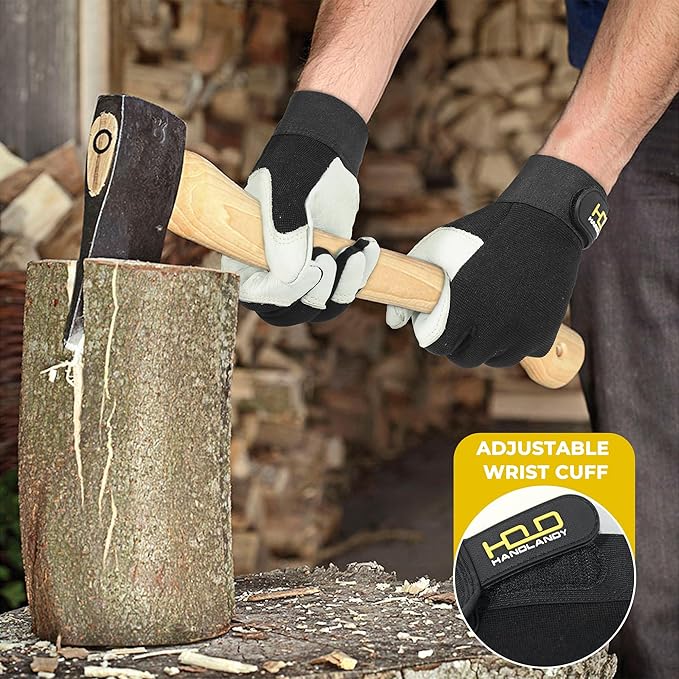 HLDD HANDLANDY Leather Work Gloves for Men & Women, Adjustable Wrist Cowhide Gardening Glove with Reinforced Palm for Driver