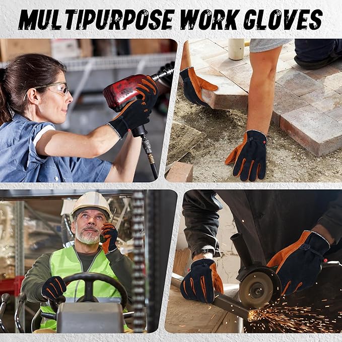 HLDD HANDLANDY Leather Work Gloves for Men & Women, Adjustable Wrist Cowhide Gardening Glove with Reinforced Palm for Driver