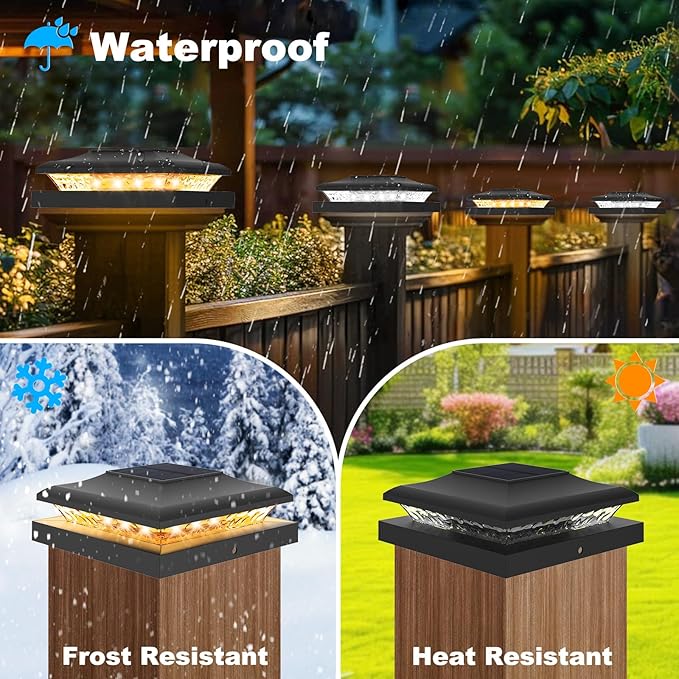 4 Pack Solar Post Cap Light Outdoor Fence Cap Lights 2 Color Modes 24 LEDs for Wooden/Vinyl Post, Waterproof Deck Patio Decoration Fits 5x5, 5.5x5.5 or 6x6 Wooden Posts (3000k/6000k)