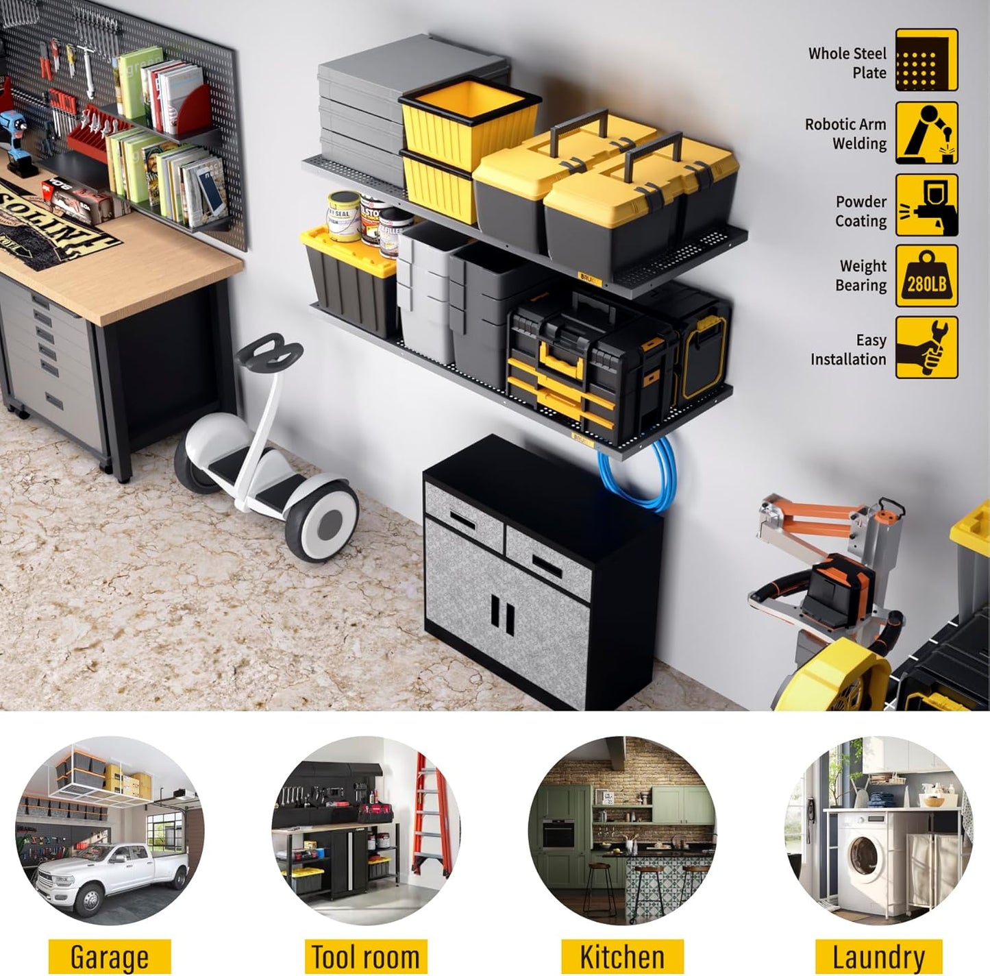 2Pack 1.64x4ft Adjustable Metal Garage Wall Shelving Heavy Duty Garage Storage Shelf Wall Mounted Black