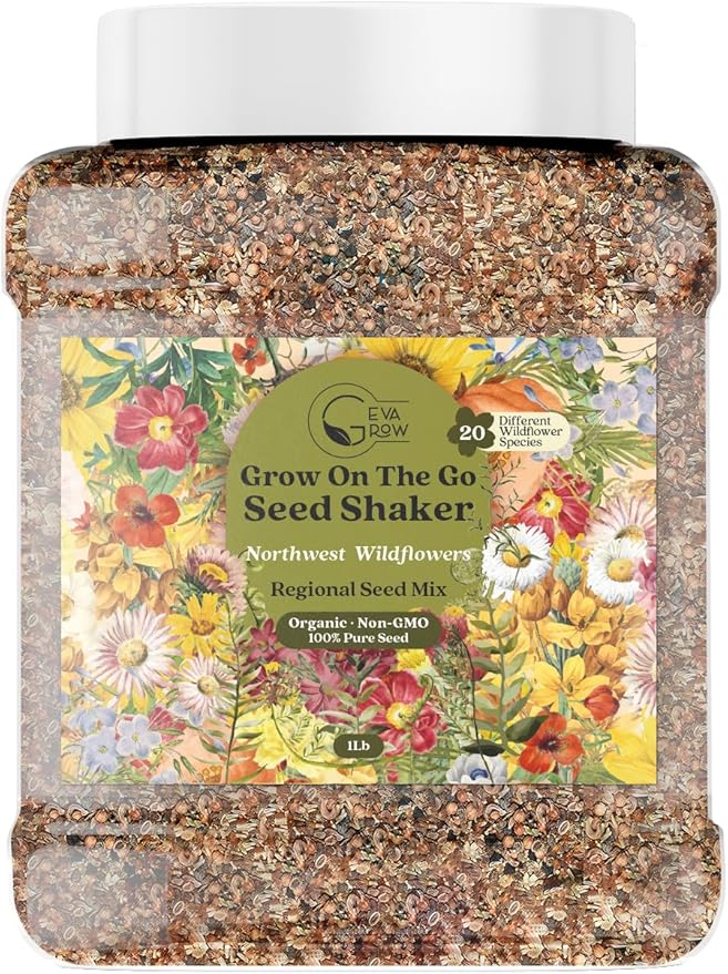 Geva Grow Northwest Wildflower Seeds Regional Mix - Organic, Non-GMO - 100% Pure Seed - 20 Different Wildflowers Seeds of Annual and Perennial, 1 LB Tub