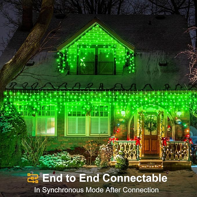 33ft Icicle Lights for Outside, Green Christmas Lights Outdoor Waterproof, 400 LED Twinkle Tree With 75 Drops Clear Wire Short Curtain for House, Room, Home Wall Indoor Decorations