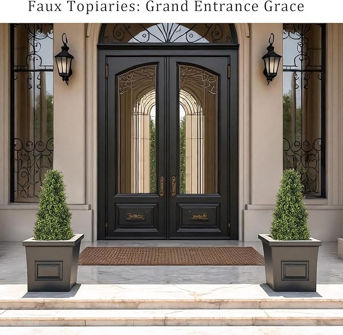 3ft Artificial Boxwood Topiary Trees (Set of 2) - UV Resistant Faux Plants Outdoor, Realistic 36" Fake Cone Bushes and Shrubs for Front Porch, Planter, Patio - Low Maintenance & Evergreen