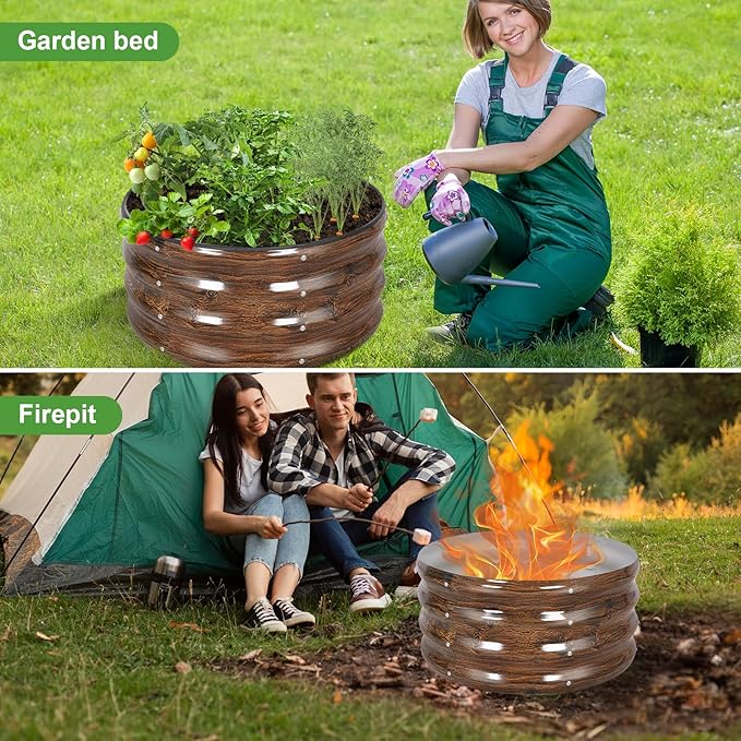 Galvanized Raised Garden Bed- 2Pcs 2x2x1FT Metal Planter Boxes Outdoor | Round Steel Raised Bed Kit & Fire Pit Ring for Gardening with Protective Tape, Gloves for Vegetables (Wood Grain)