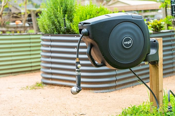 Garden Hose Reel Retractable 5/8" x 50ft Wall Mounted Hose Reel Automatic Rewind, Any Length Lock with 9 Patterns Sprayer Nozzle, Quick Connector and Adjustable shot Nozzle- Tidepool Blue