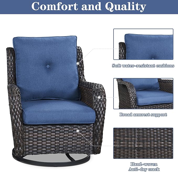 5 Pieces Patio Furniture Sets Wicker Outdoor Furniture, Rattan Patio Swivel Glider Chairs with 2 Ottoman and Glass Side Table