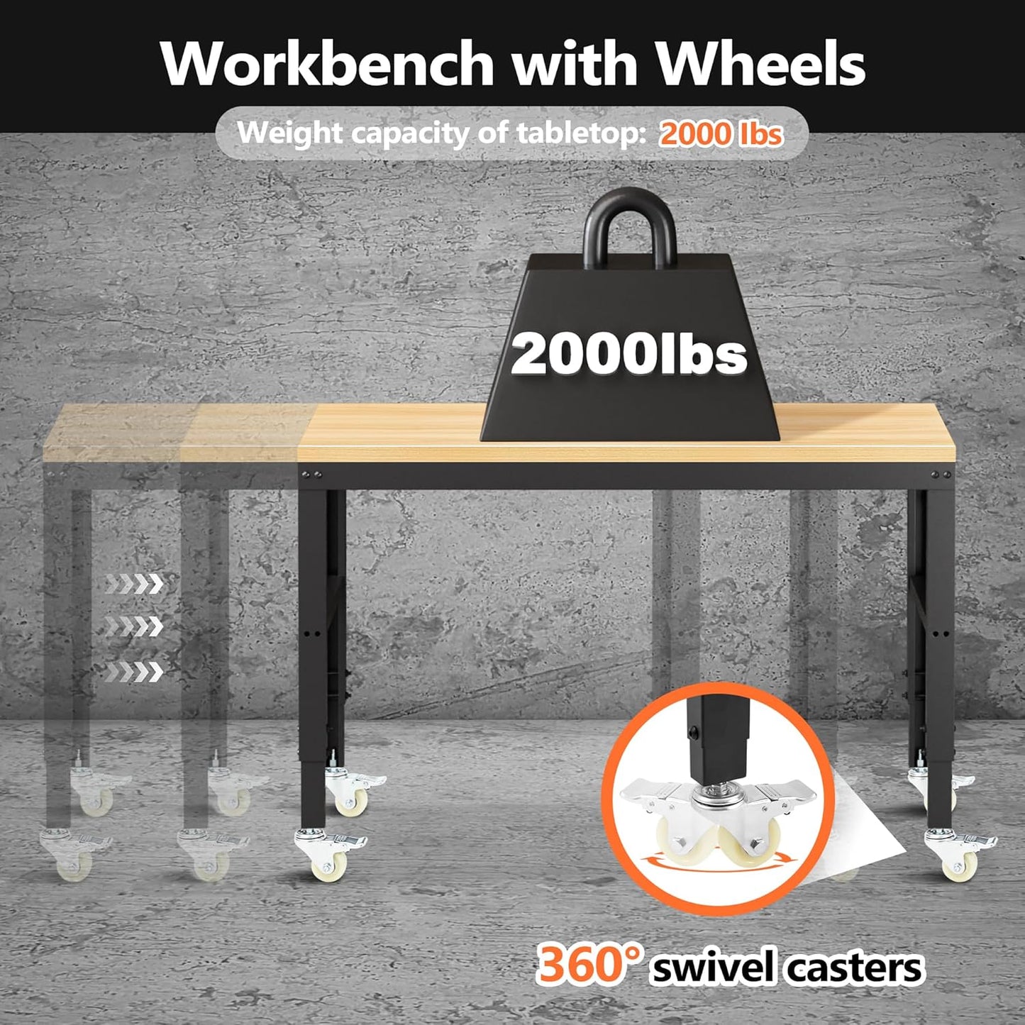 48” Adjustable Workbench，Heavy Duty Wood Work Bench 2000 Lbs Load Capacity,Work Table with Power Outlet and Wheels for Garage, Workshop, Office, Home