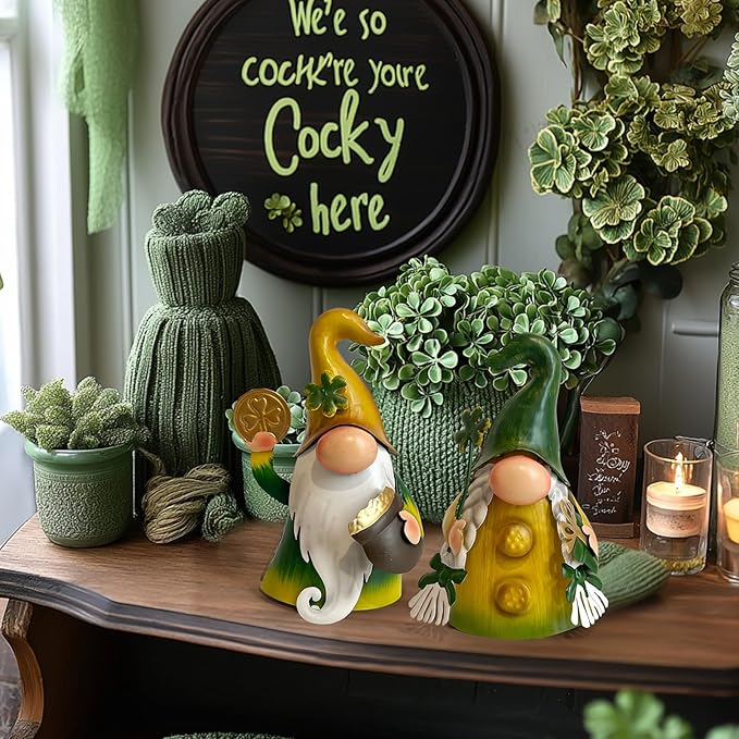 HONGLAND St.Patricks Day Decorations Outdoor Green Gnomes, Metal Gnomes Figurine Irish Leprechaun St Patricks Day Decor, Luck Shamrock Gnome for Home Outside Garden Lawn Party Yard Patio (18 INCH)