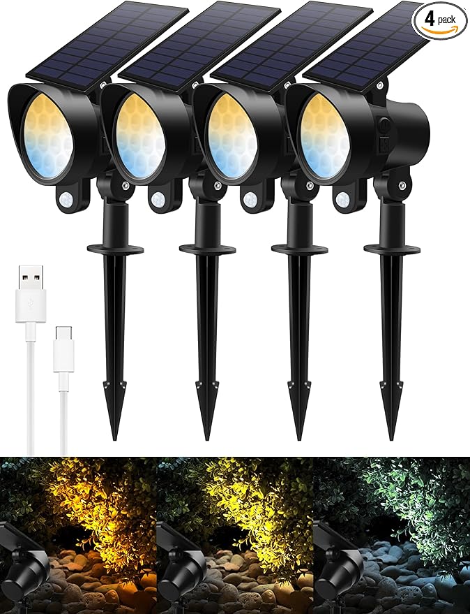 3CCT Solar Spot Lights Outdoor Motion Sensor, Dimmable Solar Landscape Spotlights IP65 Waterproof Motion Sensor Lights for Garden Yard Pathway Garage, 4 Pack