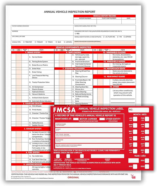 5 Pack 3-Ply Carbonless Annual Vehicle Inspection Report Forms with FMCSA Red Aluminum Adhesive Labels, DOT Inspection Forms and Stickers, Shrink-Wrapped, 8.5" x 11.75" - Made in USA