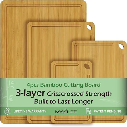 4-Pcs Natural Wood Cutting Board Set Kitchen Tools with Juice Groove, Wooden Chopping Board for Meat, Fruit, Vegetables & Cheese (Pre Oiled, Natural)