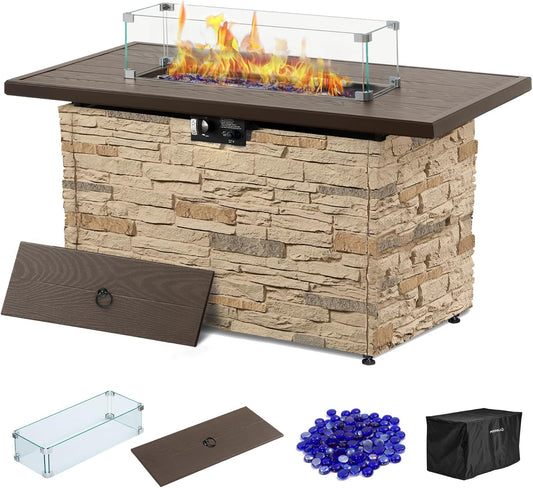 43¡± Propane Fire Pit Table Outdoor Rectangular Stone Firepit Table 50,000 Btu Propane Fire Tables for Outside Patio with Glass Wind Guard, Lid, Fire Glass Beads,Buff Rock Look