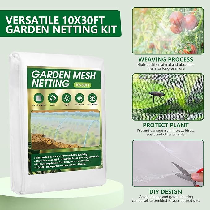 Garden Netting Kit for Raised Beds, 10x30FT Ultra Fine Mesh Netting＆ 6 Sets of 8FT Fiberglass Garden Hoops, Bird Barrier Protection Net Vegetable Plant Cover Fruit Flowers Row Cover