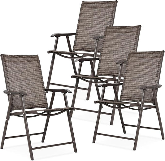 Aoodor Folding Patio Dining Chairs Textilene Fabric, Outdoor Steel Frame for All Weather Use, Fit for Porch, Lawn, Yard, Set of 4, Brown