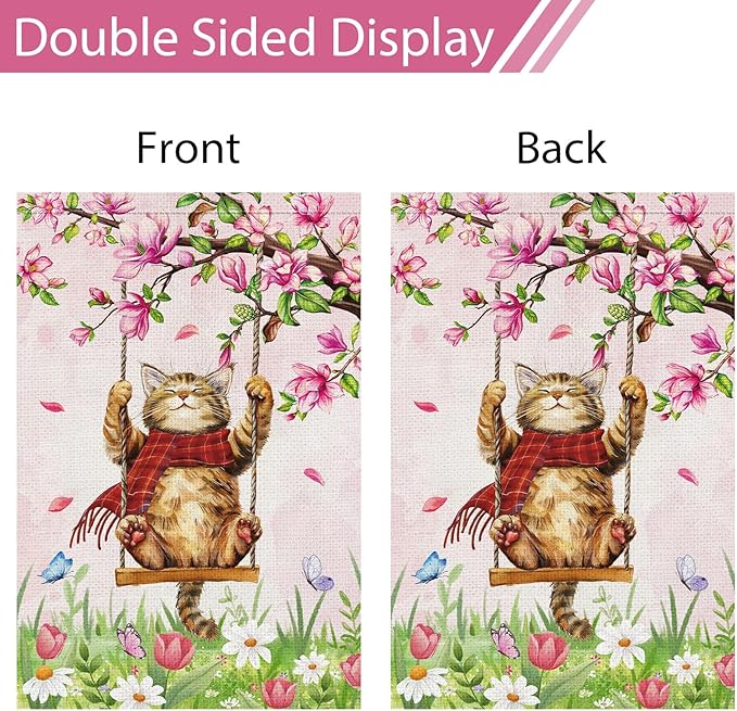 Heyfibro Spring Cute Cat Welcome Garden Flag 28x40 Inch Double Sided Burlap, Summer Magnolia Butterfly Flower Floral Yard Banner for Seasonal Holiday Farmhouse Outdoor Decor(ONLY FLAG)