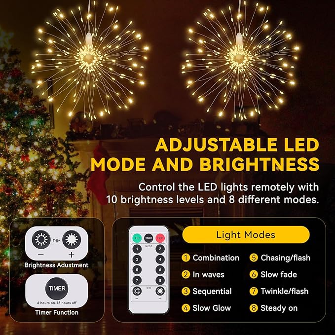 6 Pack Firework Lights 120 LED Copper Wire, 8 Modes Dimmable String With Remote Control, Waterproof Hanging Fairy Lights for Party, Home, Christmas, Garden Outdoor Decoration
