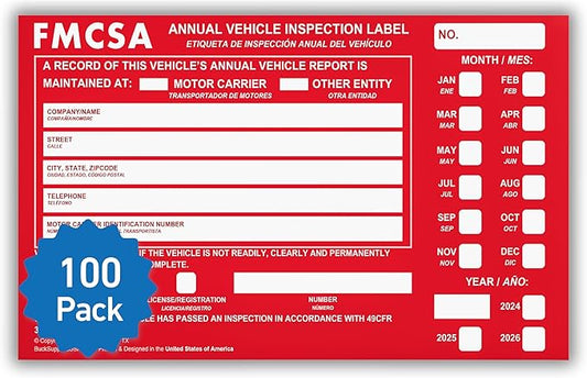 100 Pack Buck Aluminum Annual Vehicle Inspection Label with Punch Boxes, 2 Mil Red FMCSA Self Adhesive Sticker, DOT Compliant, Weatherproof, Tear Resistant, Easy to Write On, 6" x 3.5" - Made in USA