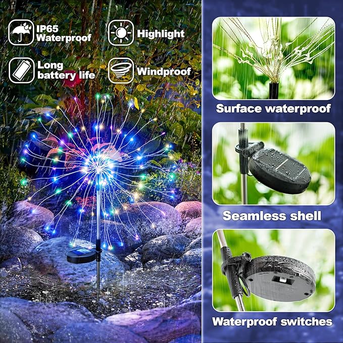 Anordsem Solar Lights Outdoor Waterproof: Garden Light Solar Powered for Yard Outside - Fireworks Lamp Colorful Lighting Path Decor 2 Pack - LED Sparkler DIY Decorating Gifts for Women Mom Wife