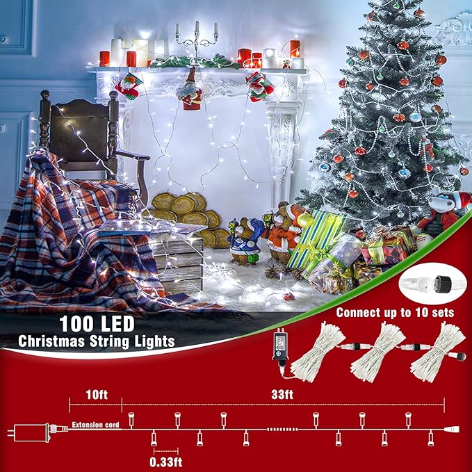 33ft 100 LED Christmas Lights Outdoor - 8 Modes Christmas String Lights Clear Wire with Time Memory, Waterproof Plug in Fairy String Lights for Indoor Outdoor Home Party Garden Decoration, Cool White