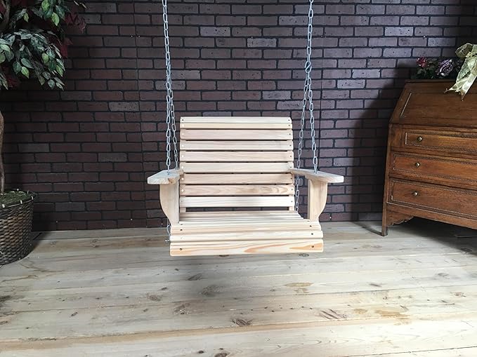 Generic 2FT Cypress Roll Porch Swing Made in USA with Hanging Hardware and Cup Holders, Unfinished Natural Wood Tone