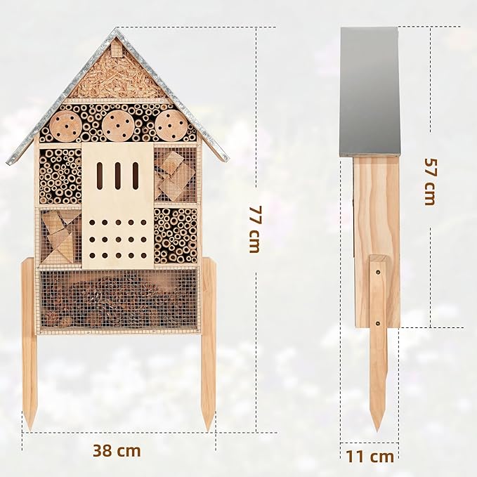 antiai Extra Large Wooden Insect House with Stakes,Wood Mason Bee Butterfly House,Insect Hotel,an Outdoor Bamboo Habitat for Ladybugs Live,Bee Box,Butterfly Habitat for Garden and Yard,30" H x15 W