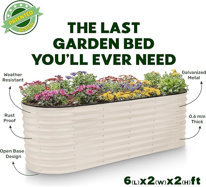 Galvanized Raised Garden Beds Outdoor // 6×2×2 ft Planter Raised Beds for Gardening, Vegetables, Flowers // Large Metal Garden Box (White) // Patented Tool-Free Design