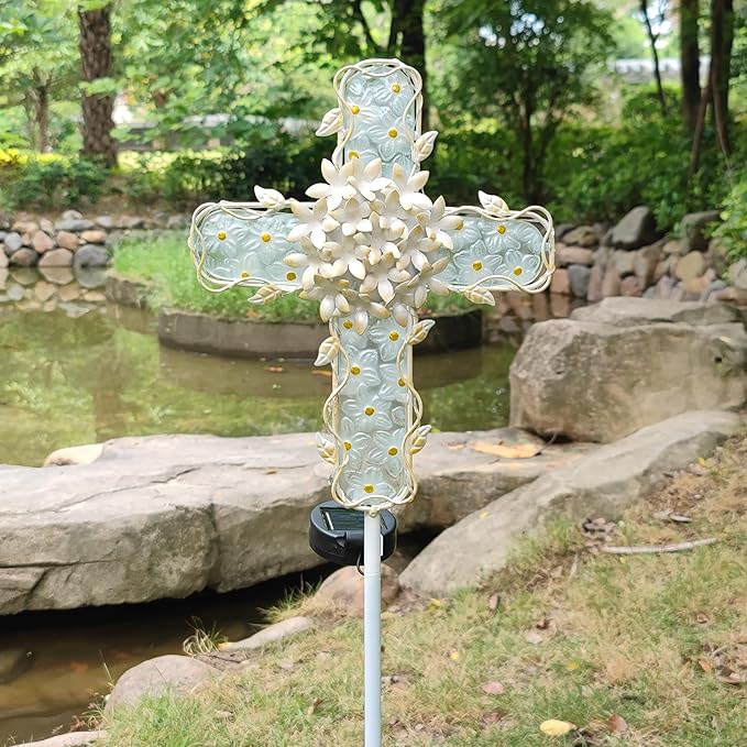 38Inch Solar Cross Garden Lights Outdoor Decorative - Solar Metal&Glass Cross White Hydrangea Flower Stake Lights- Waterproof 20 Warm White LED for Remembrance Gifts & Sympathy Gifts.