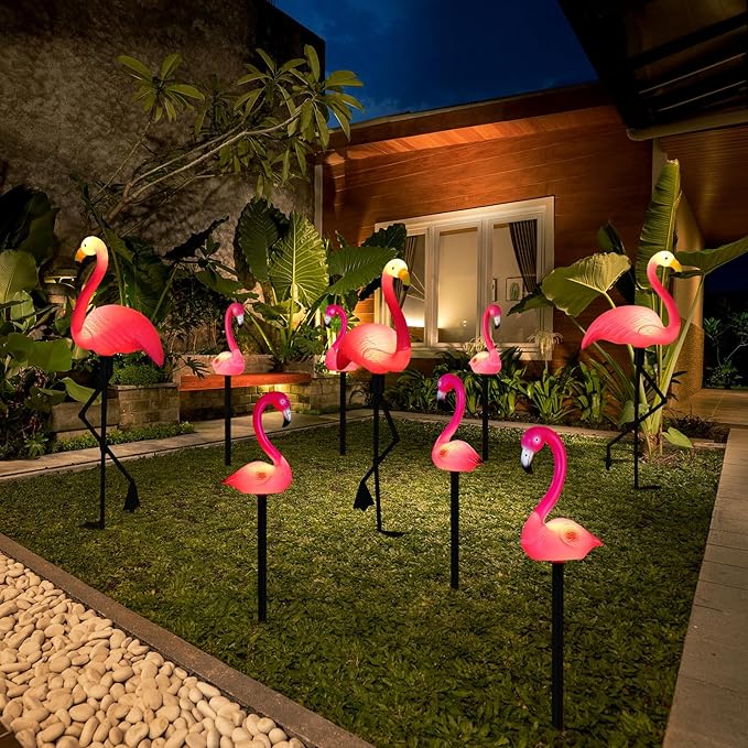 9 Pcs Flamingo Solar Lights LED Flamingo Stake Lights Waterproof Flamingo Lights for Outdoor Pink Yard Lawn Garden Ornaments Patio Pond Ground Backyard Decor Pathway Outside Decorations