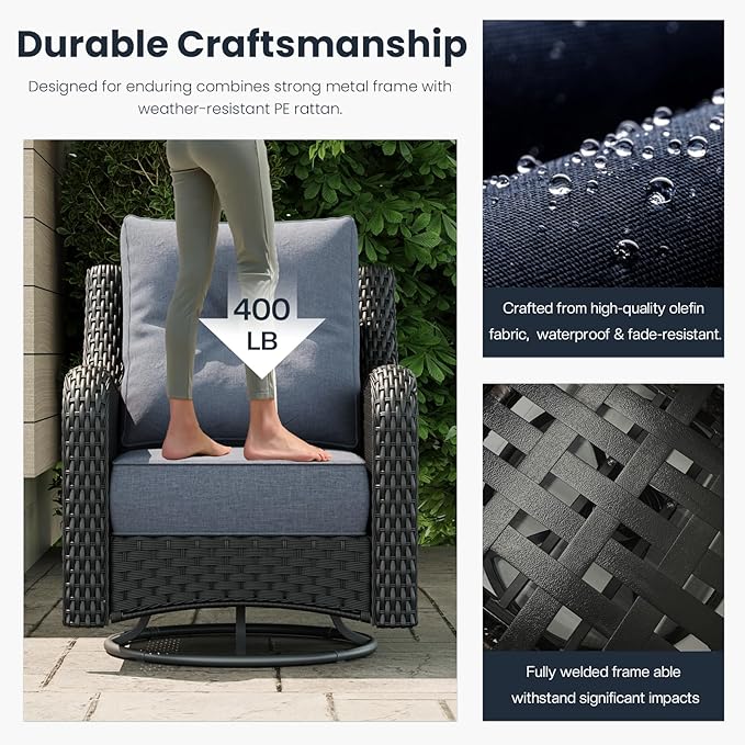 5 Pieces Outdoor Patio Furniture Sets with Rocking Swivel Chairs with 6-inch Thick Cushion and Side Table for Deck Lawn