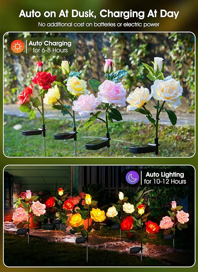 Garden 4 Pack LED Solar Flower Lights with Larger & More Realistic Rose Flowers, Bigger Solar Panel, Waterproof Solar Outdoor Lights for Yard Patio Lawn Pathway Walkway Decoration