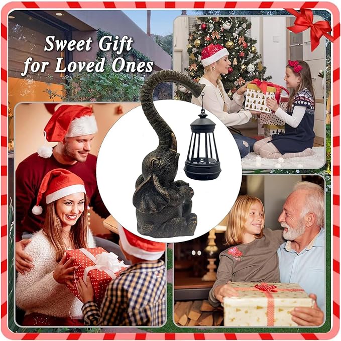 10.6 Inch Statue Elephant with Solar Outdoor Lights for Garden Decor，Lucky Present with Appeal For Birthdays(Man and Women and family)， Unique Housewarming Presents and Yard Decoration. (black)