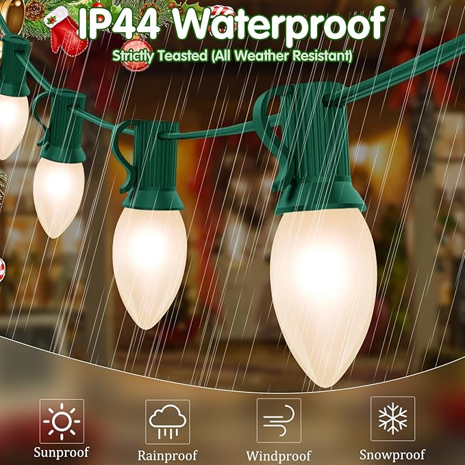 25ft Warm White Christmas Lights Outdoor,Frosted White Christmas Lights with 26 Incandescent Bulbs(1 Spare),Hanging Vintage Christmas Lights for Patio Holidays Christmas Tree Decor
