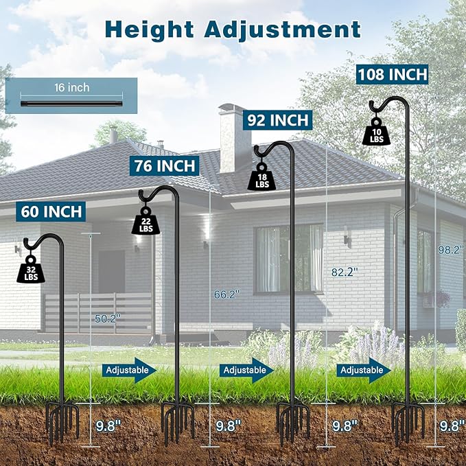 Gtongoko Shepherds Hook for Outdoor, 92 Inch Bird Feeder Pole with 7 Prongs Base, 3/4 Inch Thick Heavy Duty Adjustable Garden Hook for Hanging Plant, Hummingbird Feeder, Lantern, 1 Pack