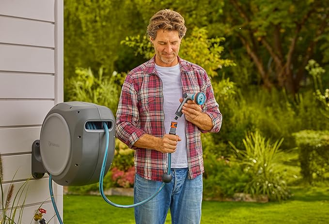 GARDENA 20502, Retractable Garden Hose Reel 75' x 1/2" hose, Wall Mounted, Automatic Retraction & Length Lock for Easy Watering. Heavy Duty Swivel Bracket 180°, Includes Nozzle. Made in Europe