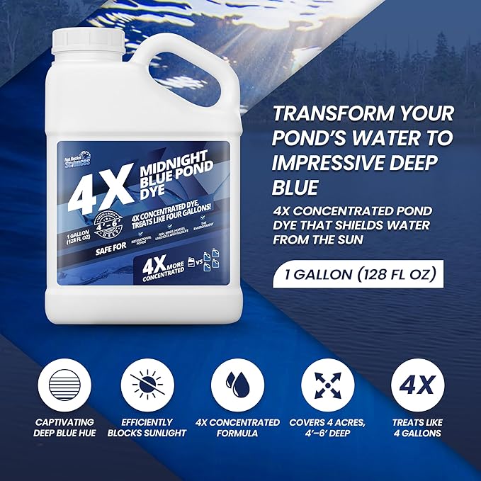 1 Gallon Midnight Blue Pond Dye, 4X Concentrate Pond Dye Blue, Dark Natural Looking Aquashade for Beautiful Lake Water, Long-Lasting Colorant, Protects Against Sunlight - Ideal for Fish & Wildlife